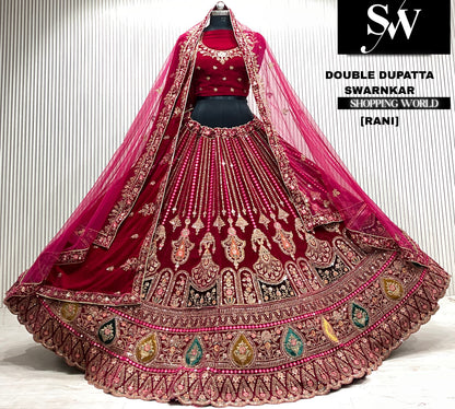 Rani pink velvet bridal double dupatta Lehenga