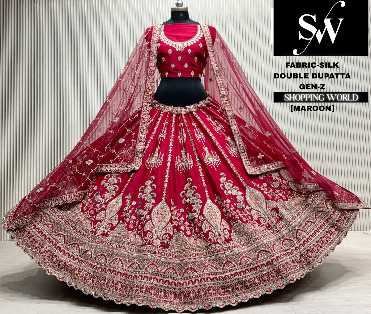 Rani pink silk bridal double dupatta Lehenga