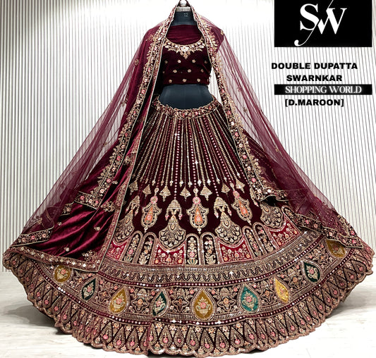 D.maroon velvet bridal double dupatta Lehenga