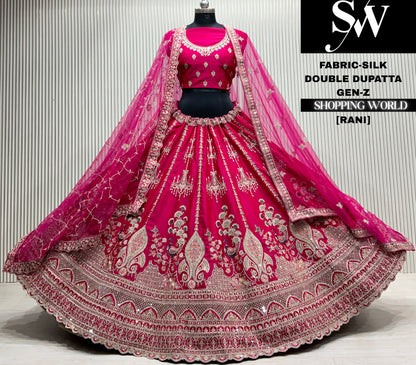 Rani pink silk bridal double dupatta Lehenga