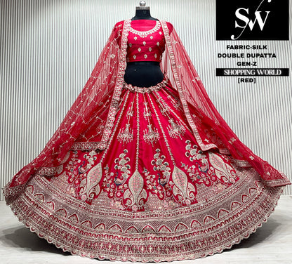 Rani pink silk bridal double dupatta Lehenga