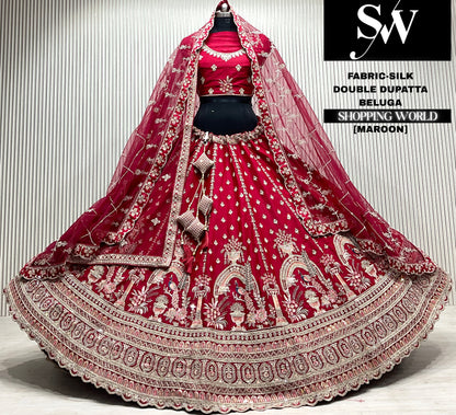 Maroon silk bridal double dupatta Lehenga