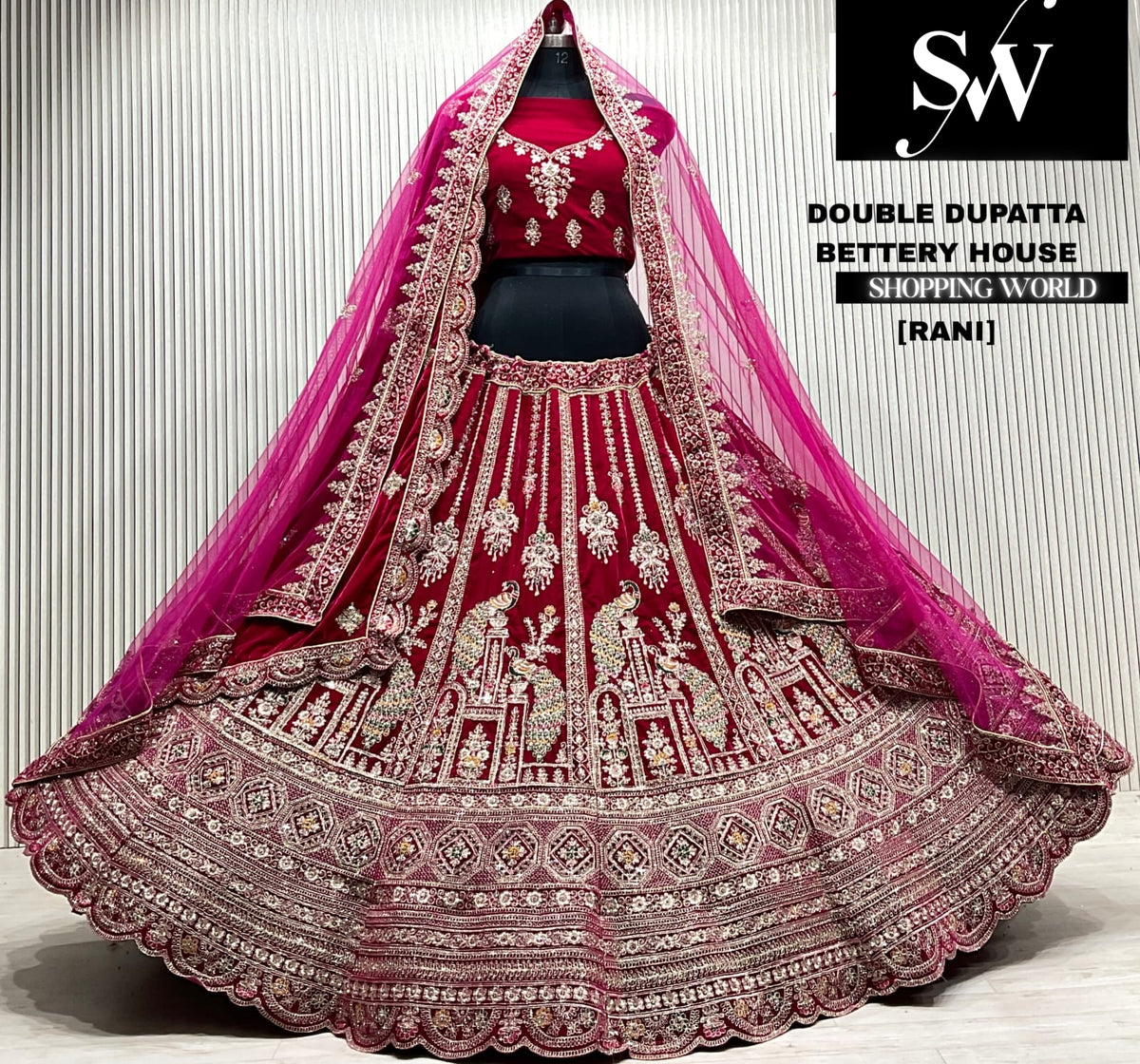 D.maroon velvet bridal double dupatta Lehenga