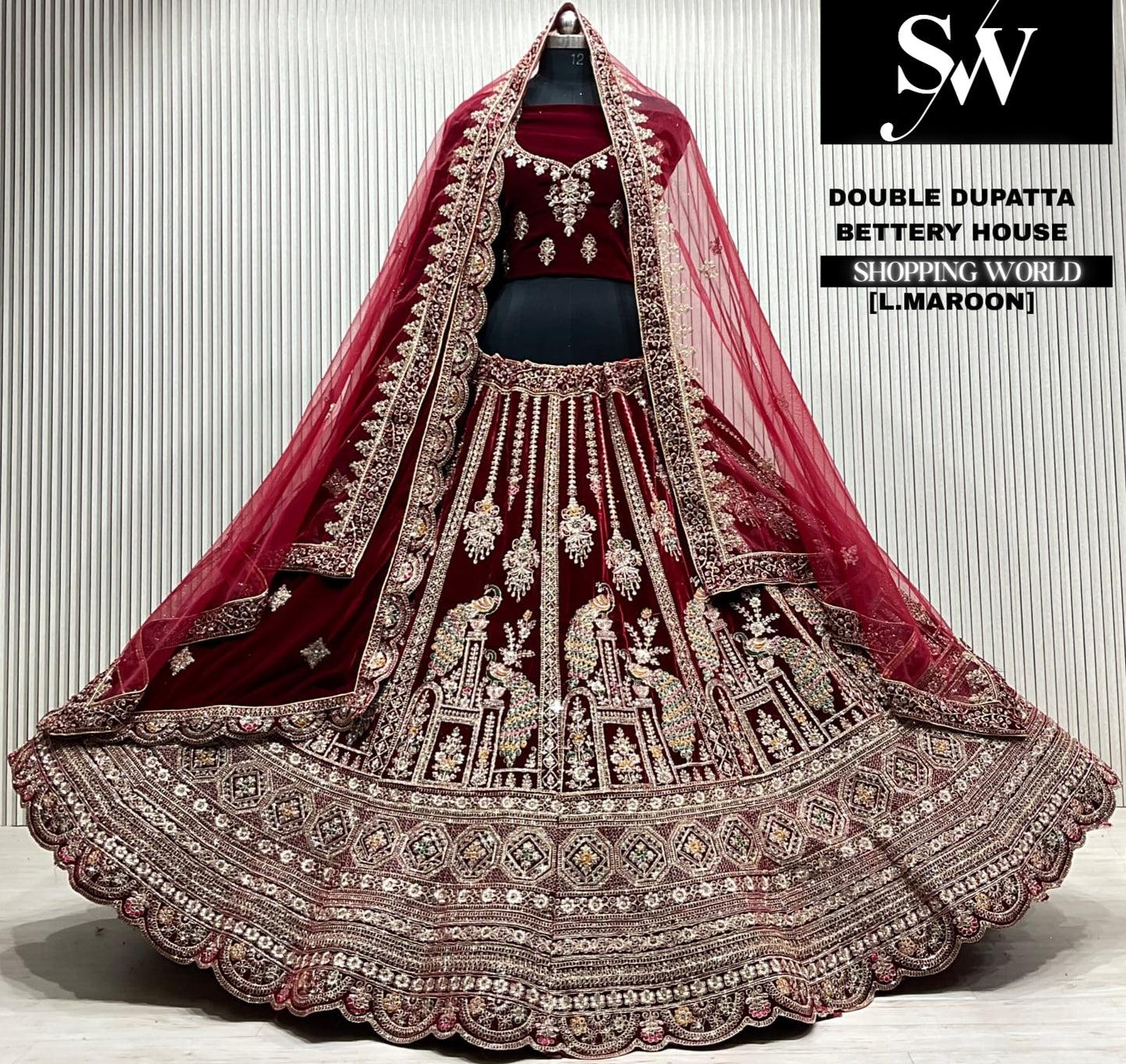 D.maroon velvet bridal double dupatta Lehenga
