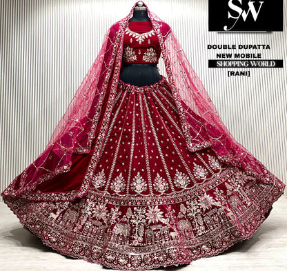 D.maroon velvet bridal double dupatta Lehenga