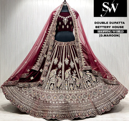 D.maroon velvet bridal double dupatta Lehenga