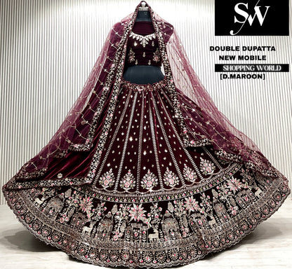 D.maroon velvet bridal double dupatta Lehenga
