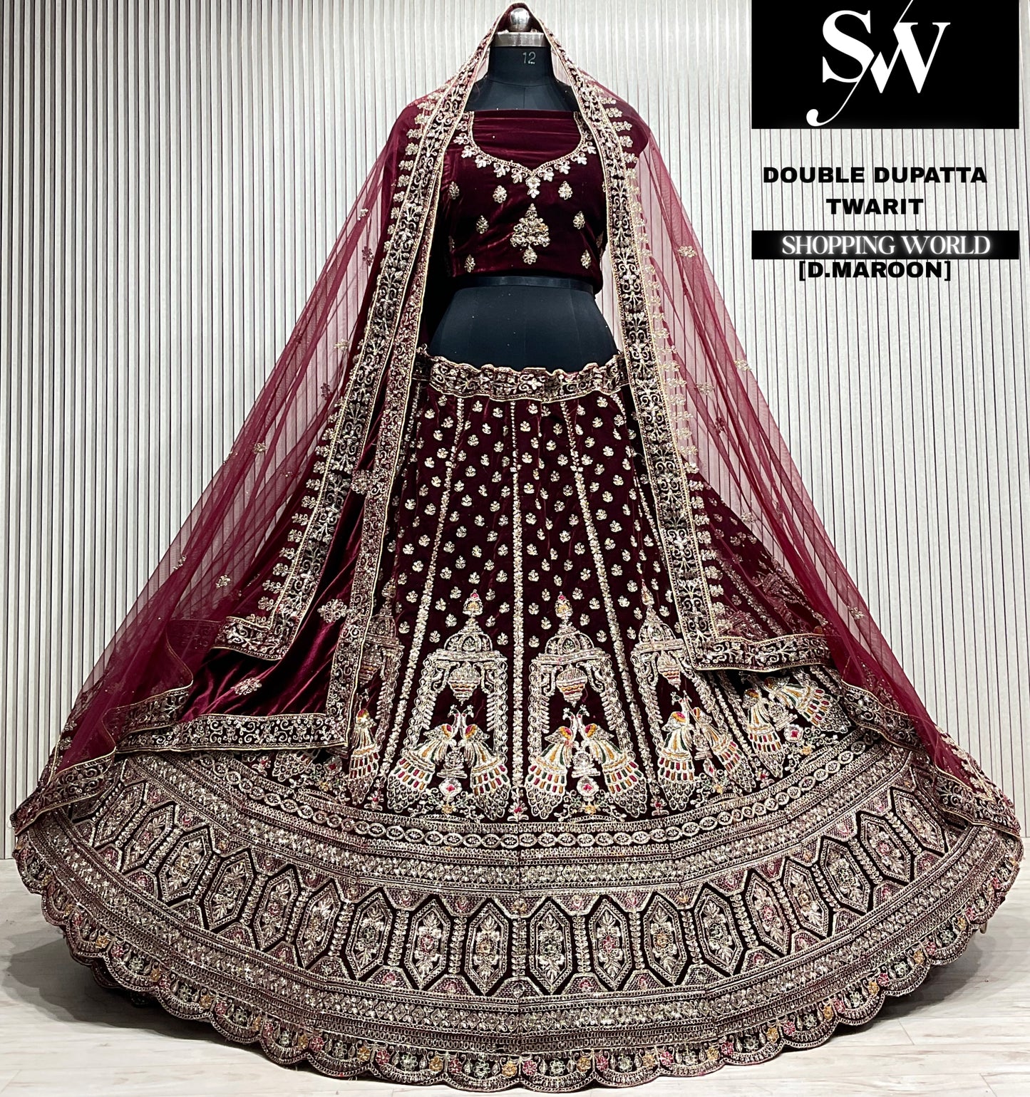 L.maroon velvet bridal double dupatta Lehenga