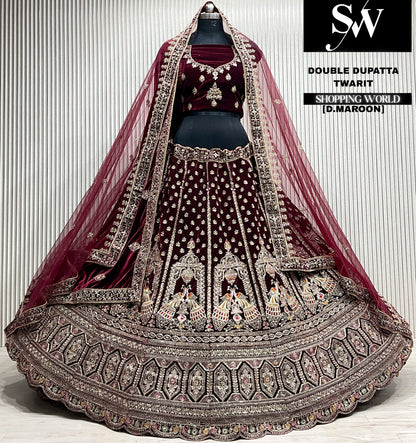 L.maroon velvet bridal double dupatta Lehenga