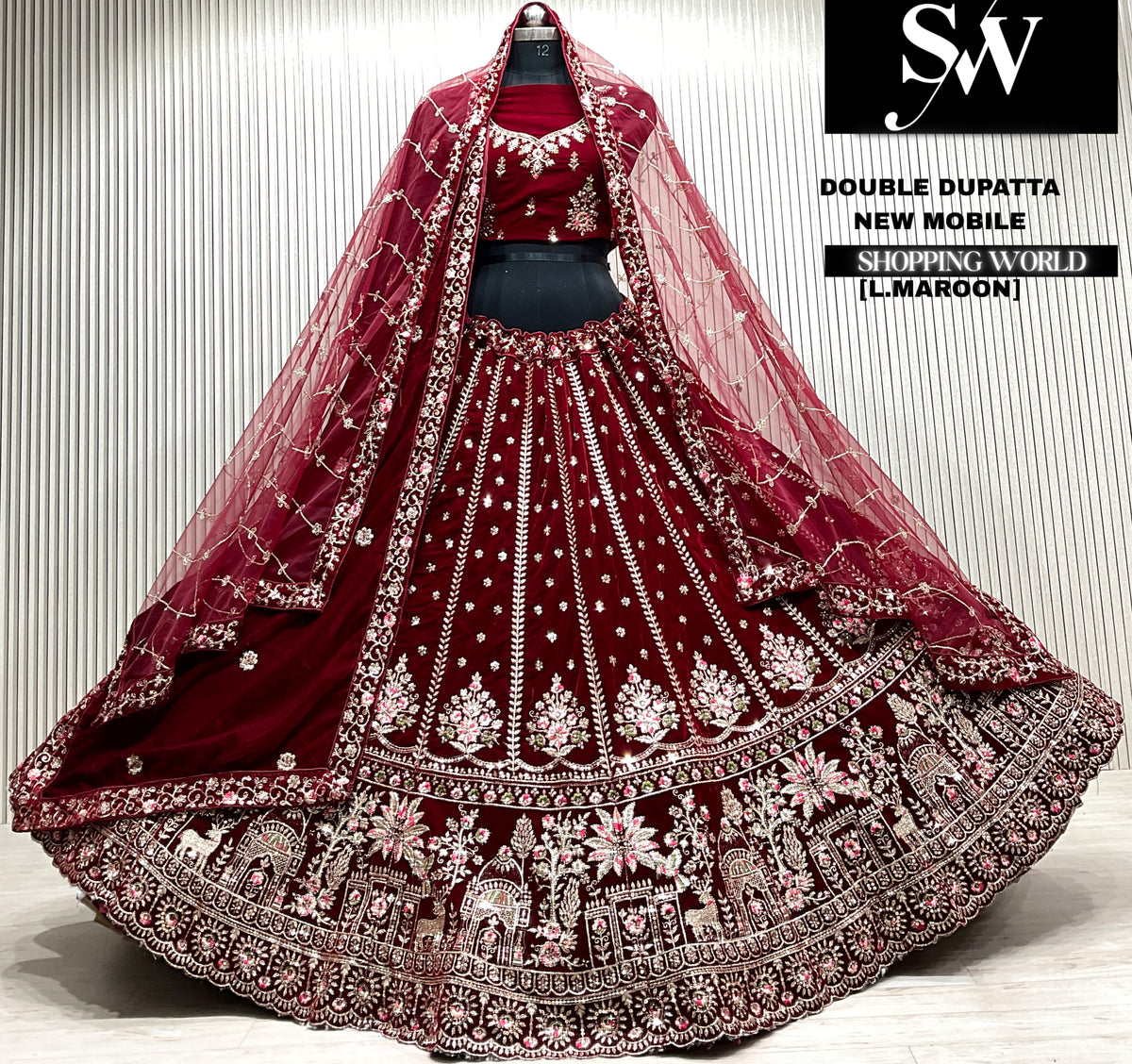 D.maroon velvet bridal double dupatta Lehenga