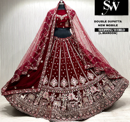 D.maroon velvet bridal double dupatta Lehenga
