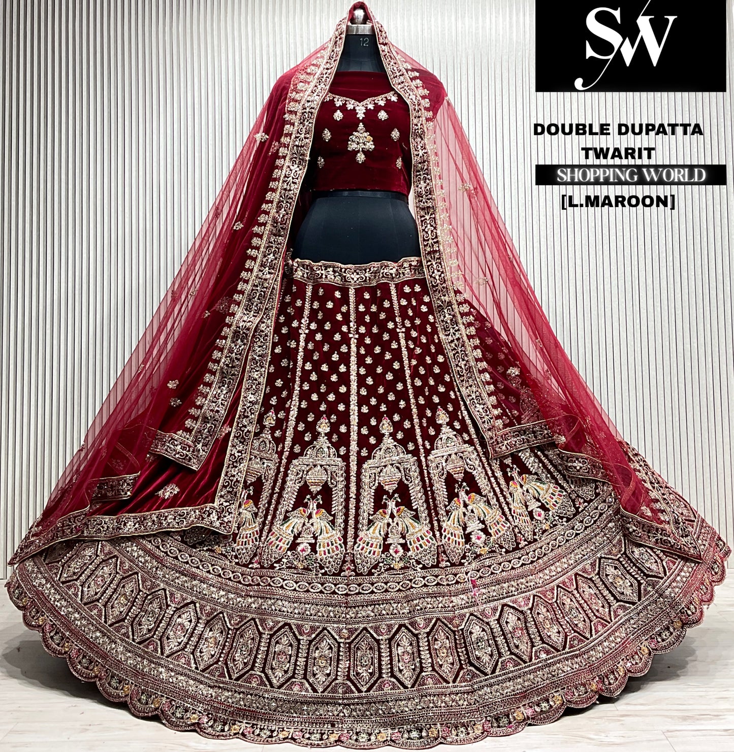 L.maroon velvet bridal double dupatta Lehenga