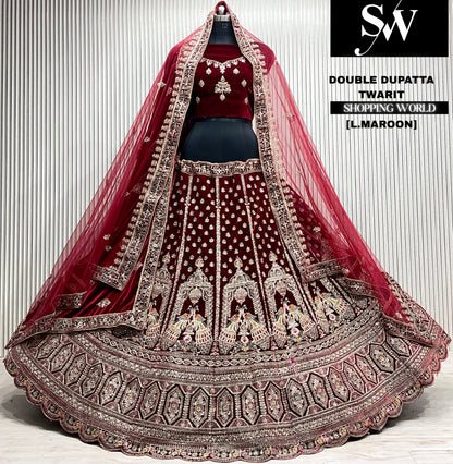 L.maroon velvet bridal double dupatta Lehenga