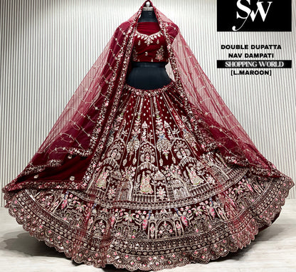 D.maroon velvet bridal double dupatta Lehenga