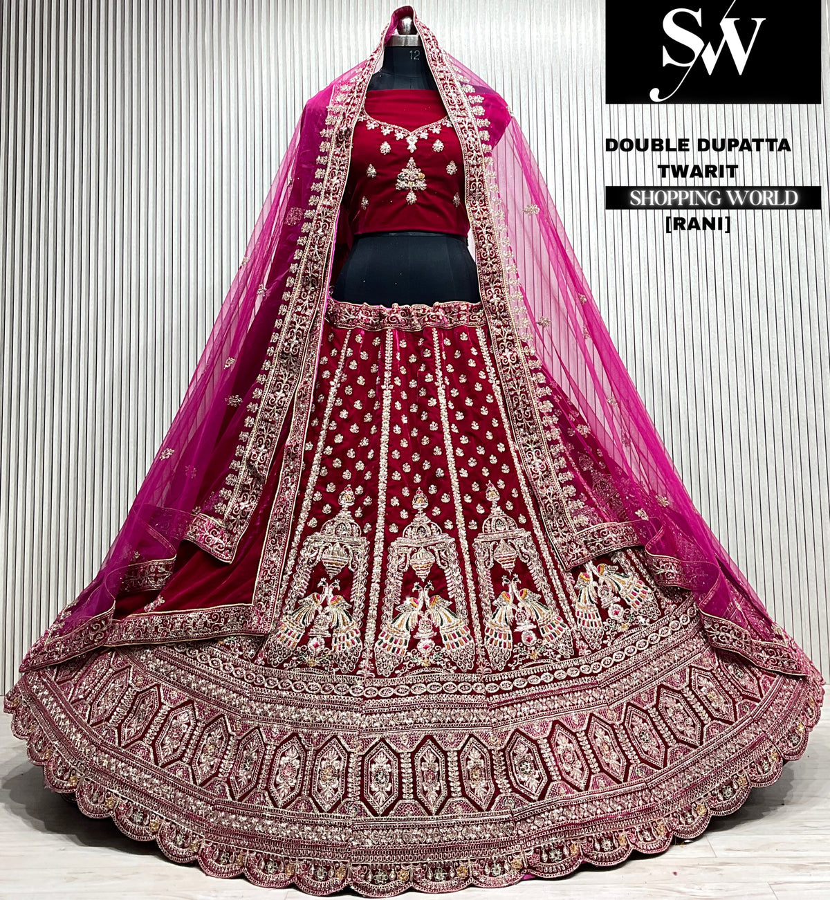 L.maroon velvet bridal double dupatta Lehenga