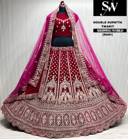 L.maroon velvet bridal double dupatta Lehenga