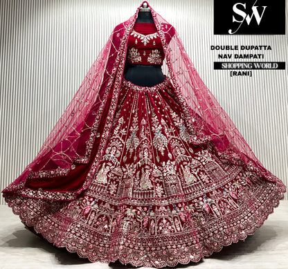 D.maroon velvet bridal double dupatta Lehenga