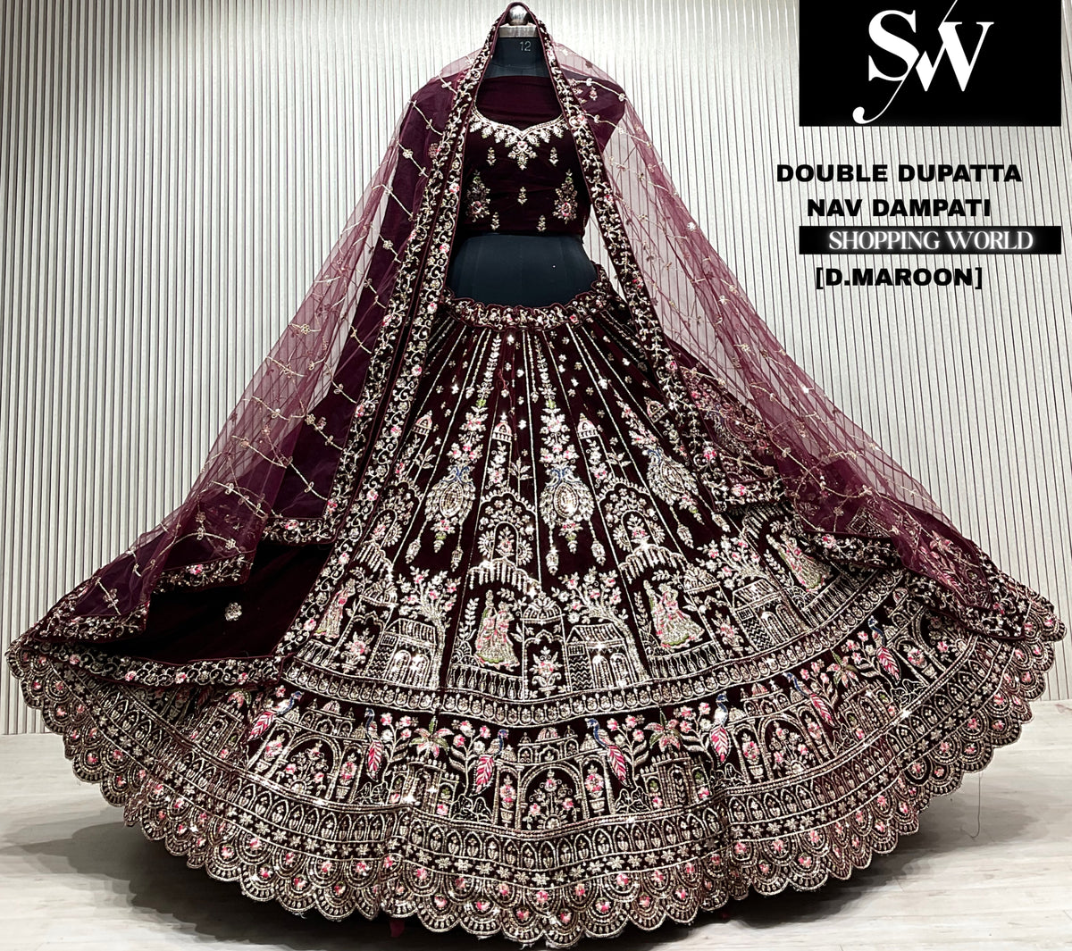 D.maroon velvet bridal double dupatta Lehenga