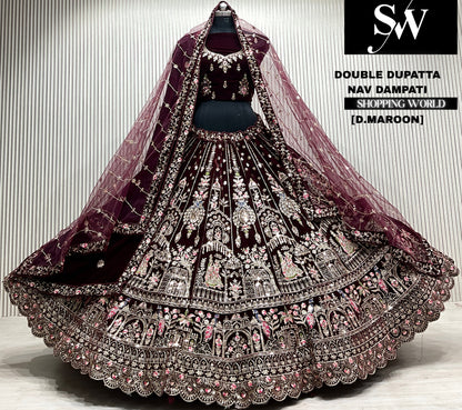 D.maroon velvet bridal double dupatta Lehenga