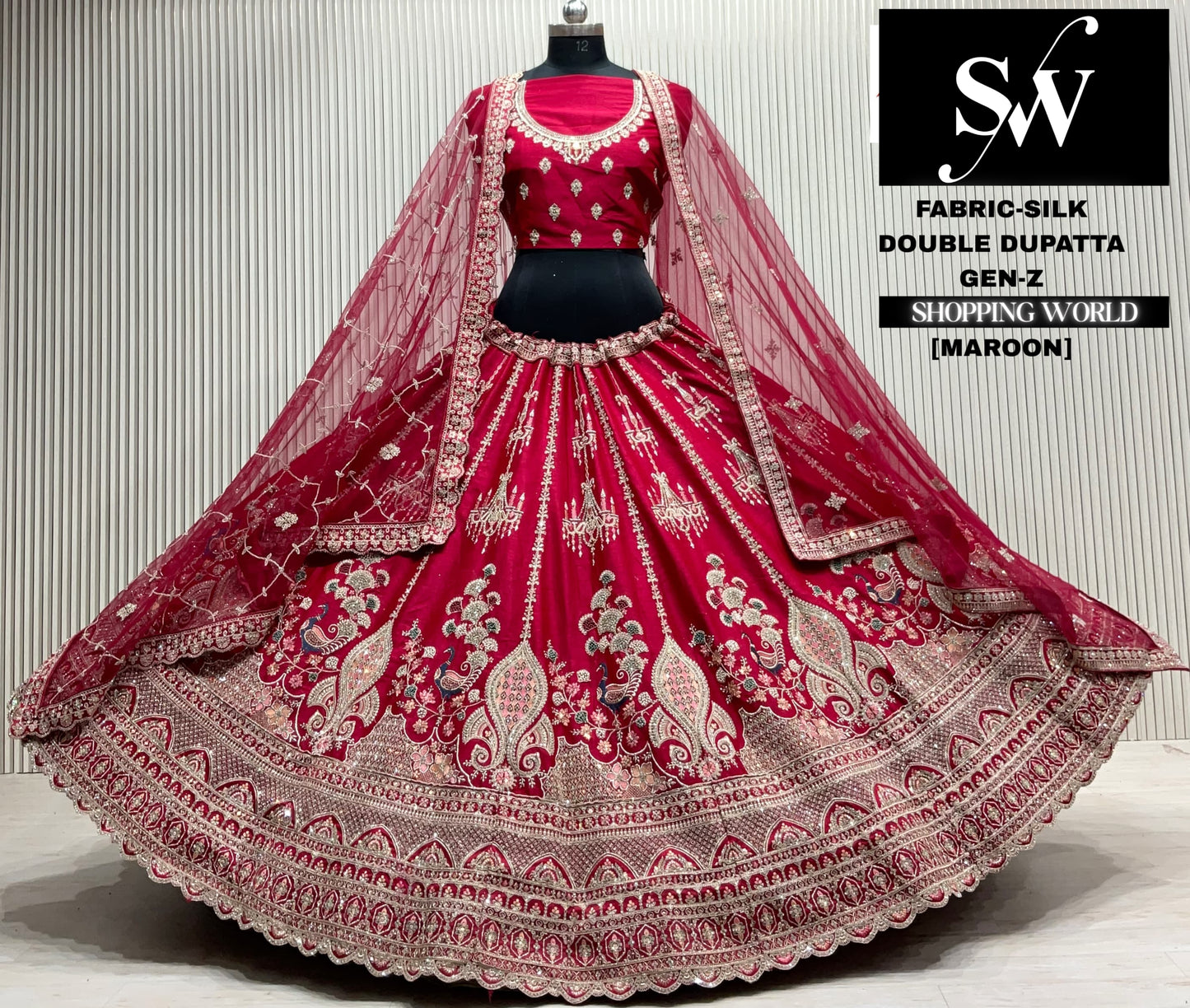 Maroon silk double dupatta Lehenga