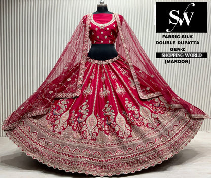 Maroon silk double dupatta Lehenga