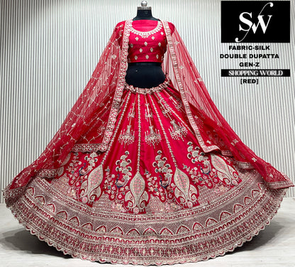 Maroon silk double dupatta Lehenga
