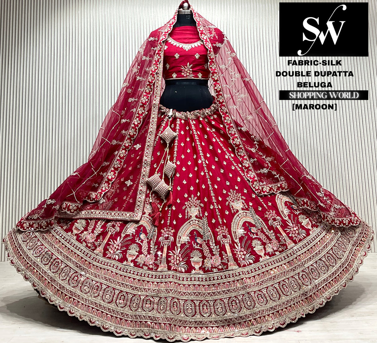 Maroon silk double dupatta Lehenga