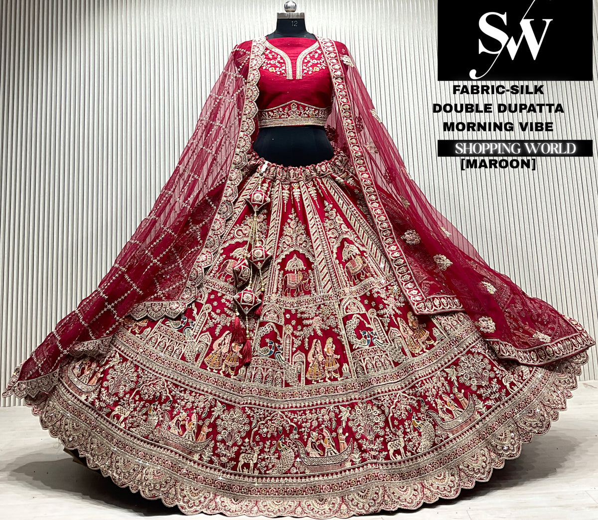Maroon silk double dupatta Lehenga