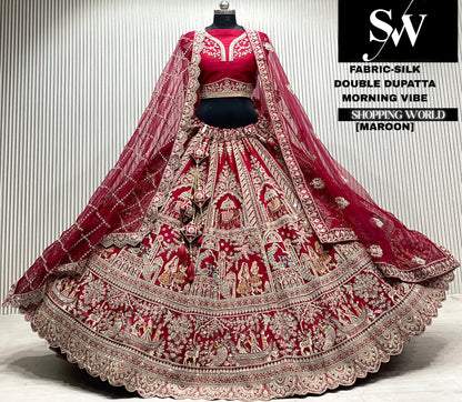Maroon silk double dupatta Lehenga