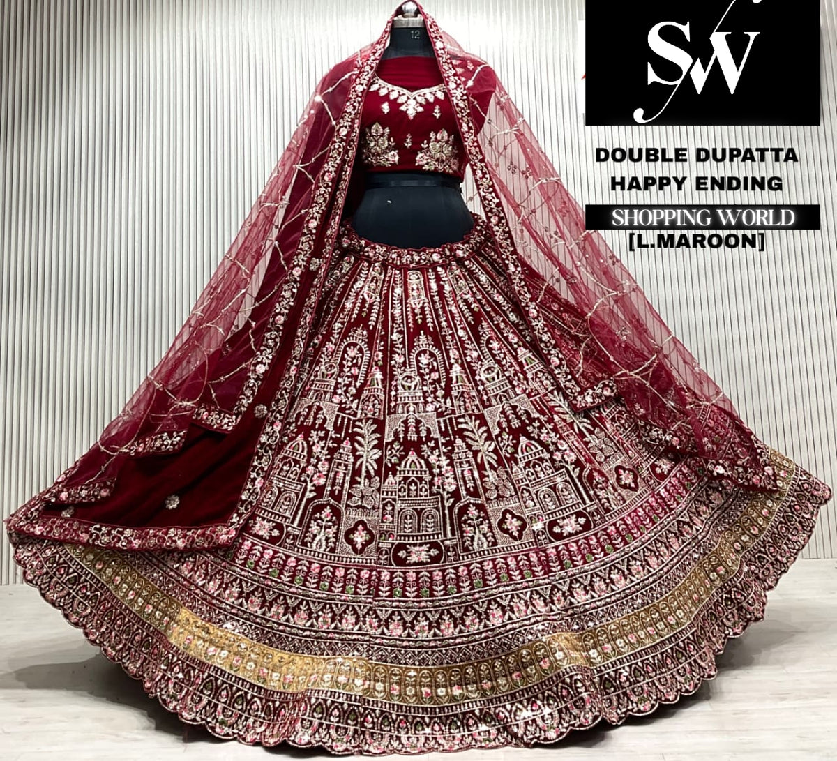L.maroon double dupatta Lehenga