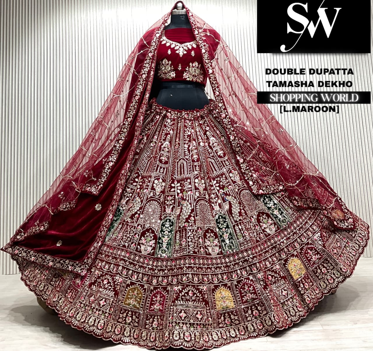 L.maroon double dupatta Lehenga
