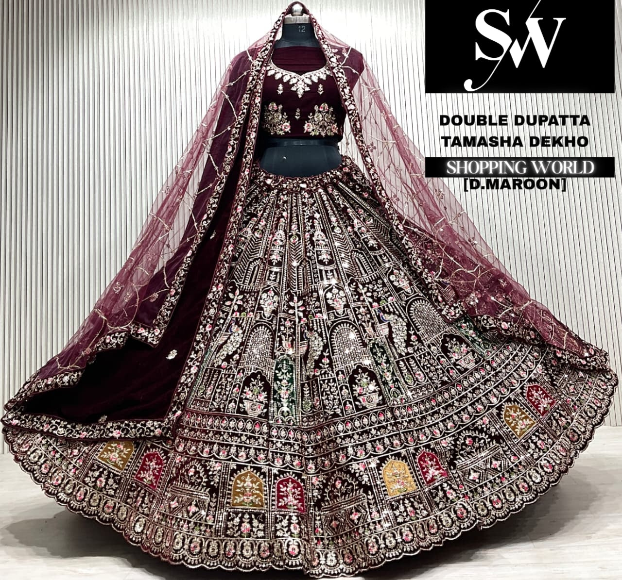 L.maroon double dupatta Lehenga