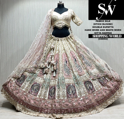 Golden chiku silk double dupatta Lehenga