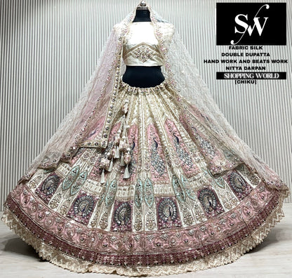 Golden chiku silk double dupatta Lehenga