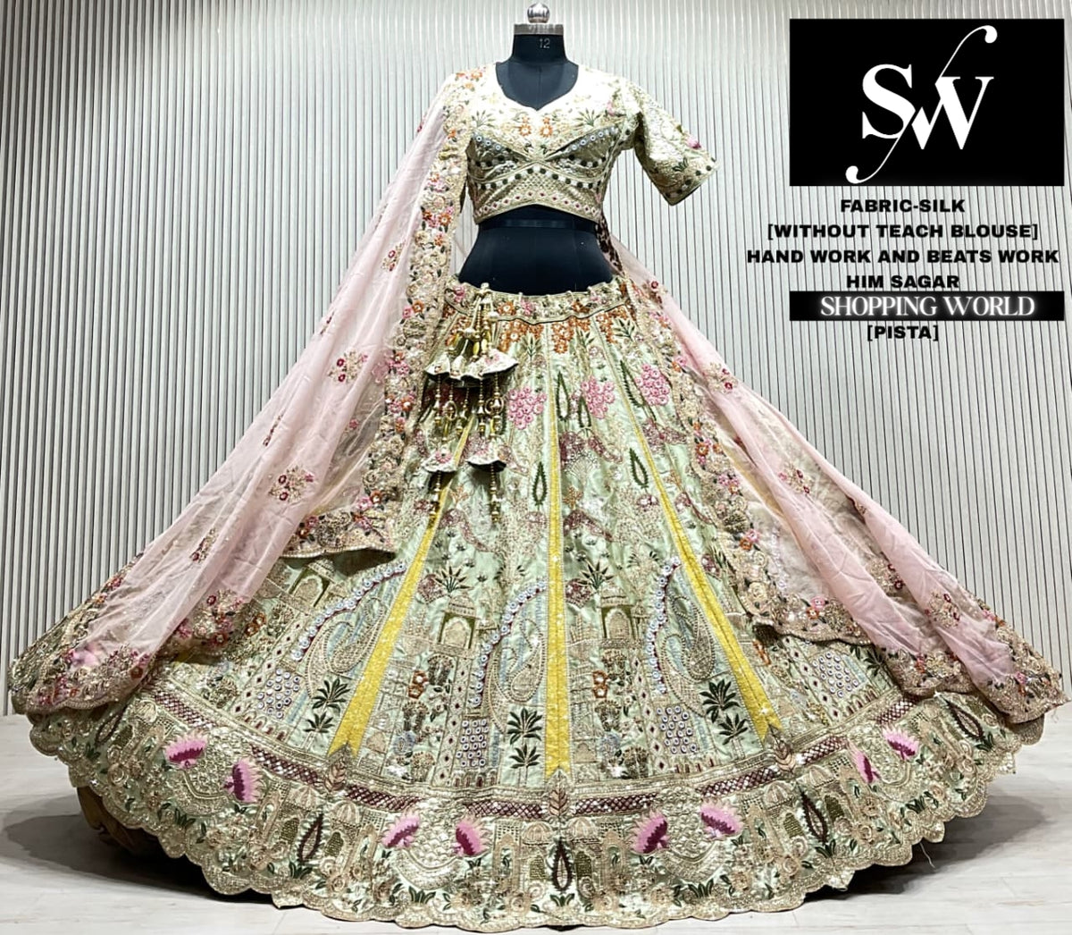 Pista green silk crop top Lehenga