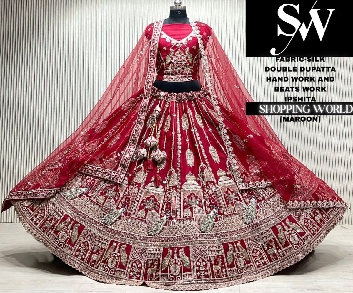 Maroon silk bridal double dupatta Lehenga