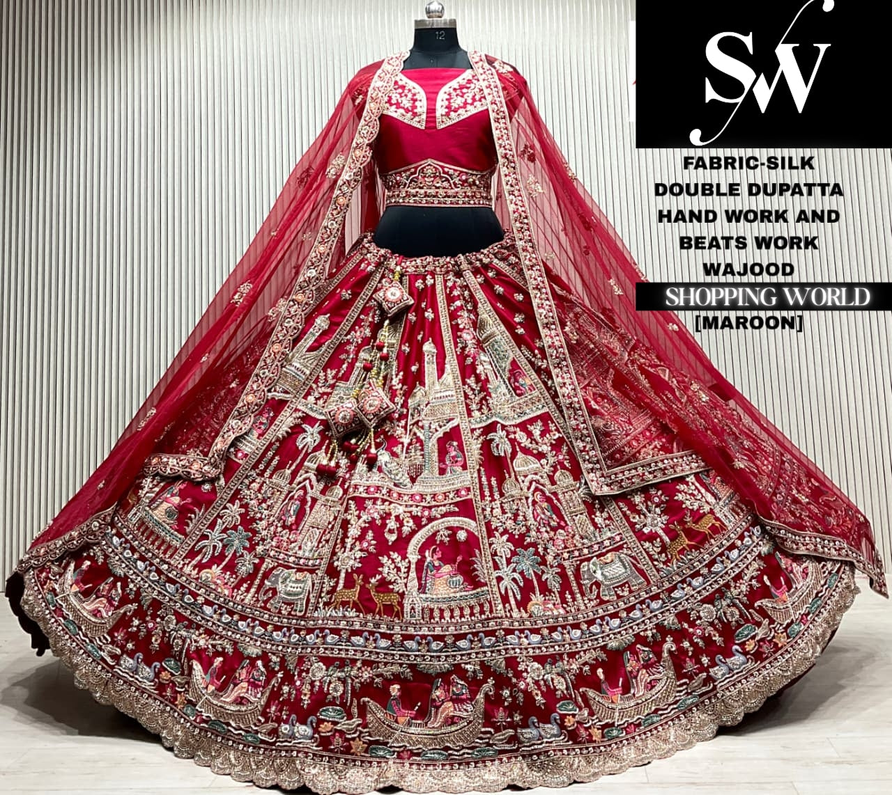 Maroon silk bridal double dupatta Lehenga