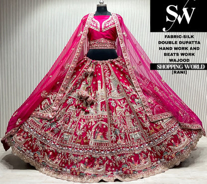 Maroon silk bridal double dupatta Lehenga