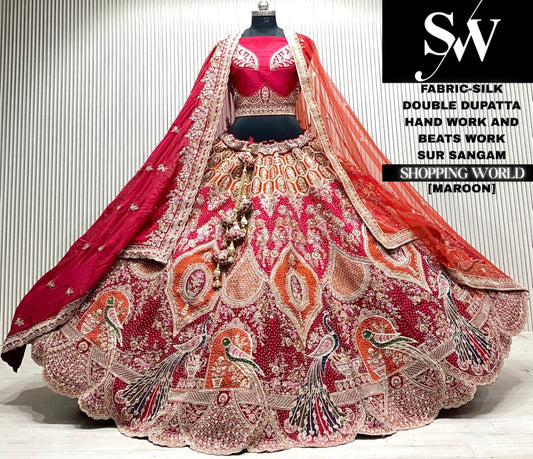 Maroon silk bridal double dupatta Lehenga