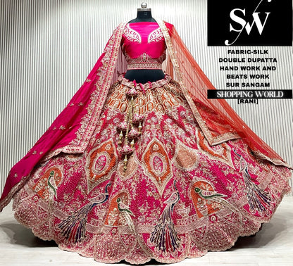 Rani pink silk bridal double dupatta Lehenga