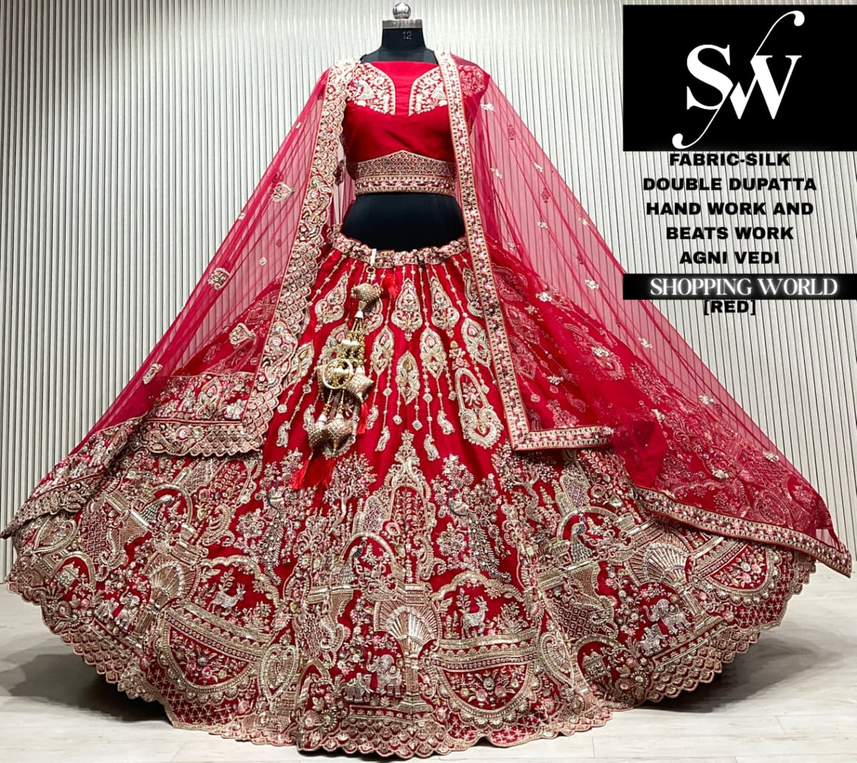Red silk bridal double dupatta Lehenga