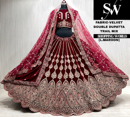 L.maroon velvet bridal double dupatta Lehenga