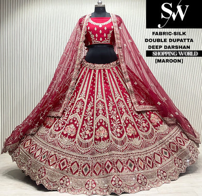 Maroon silk bridal double dupatta Lehenga