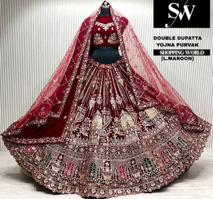 L.maroon bridal double dupatta Lehenga