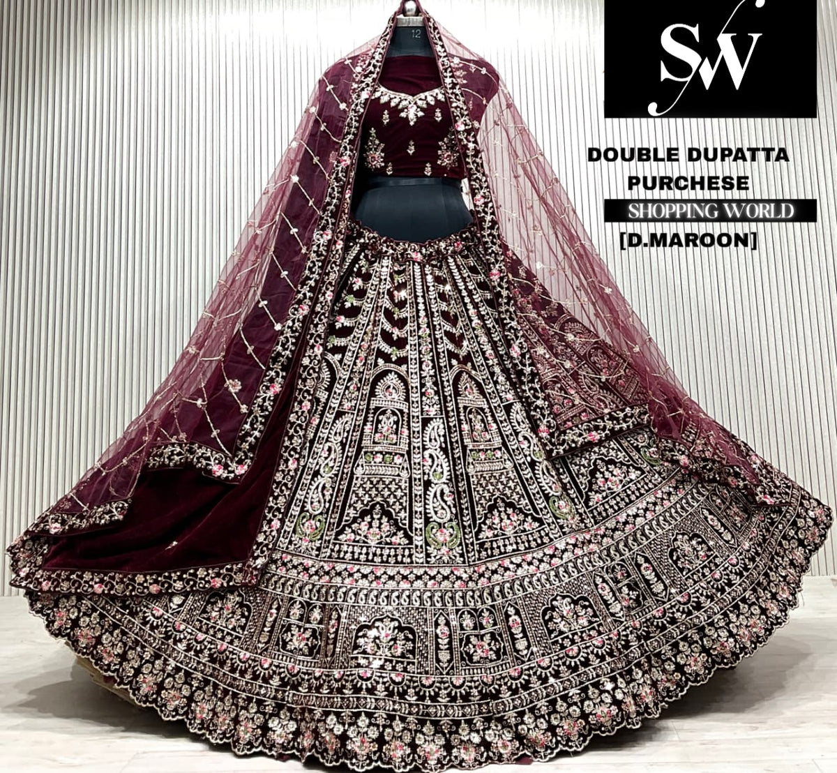 L.maroon bridal double dupatta Lehenga