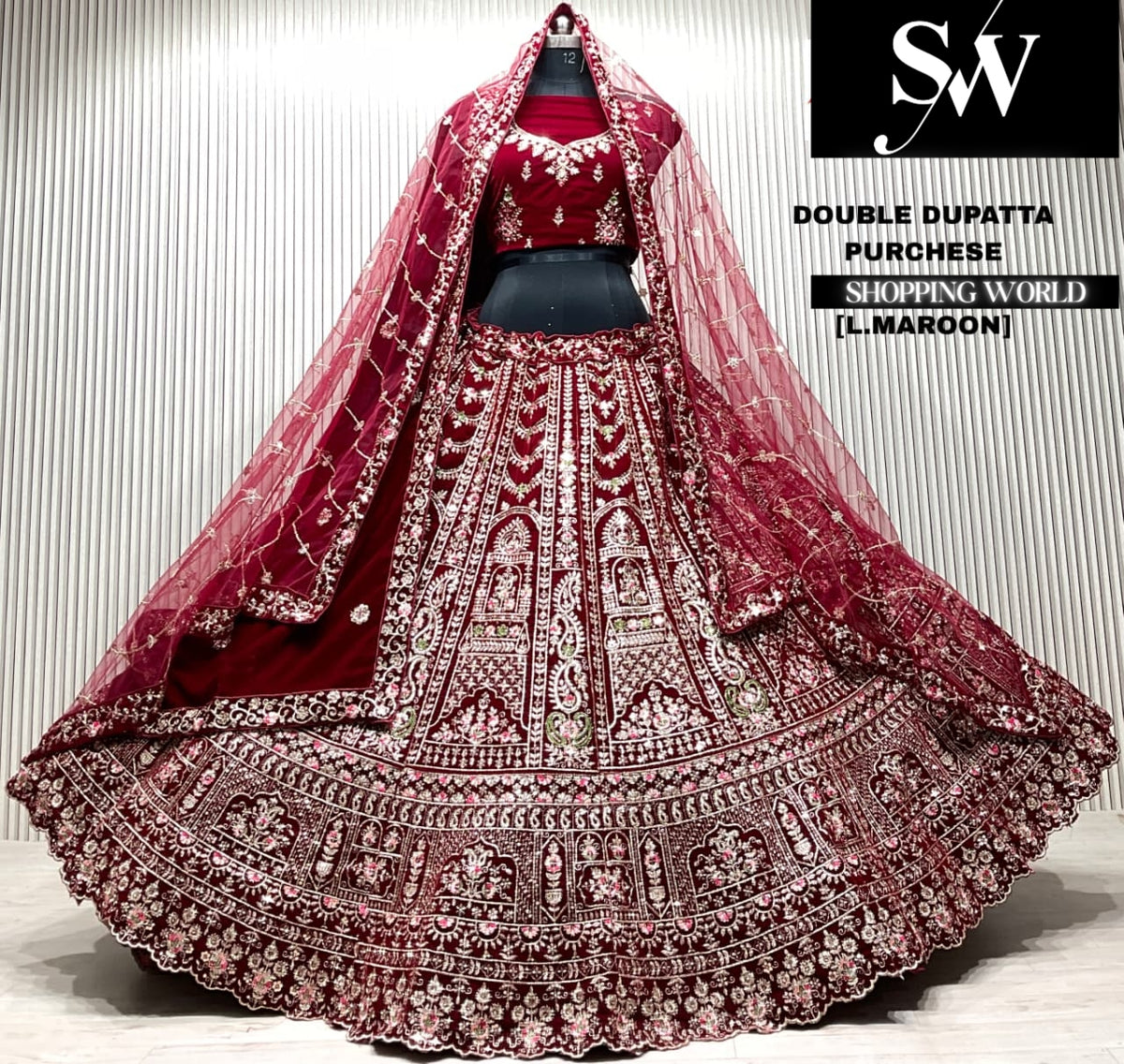 L.maroon bridal double dupatta Lehenga