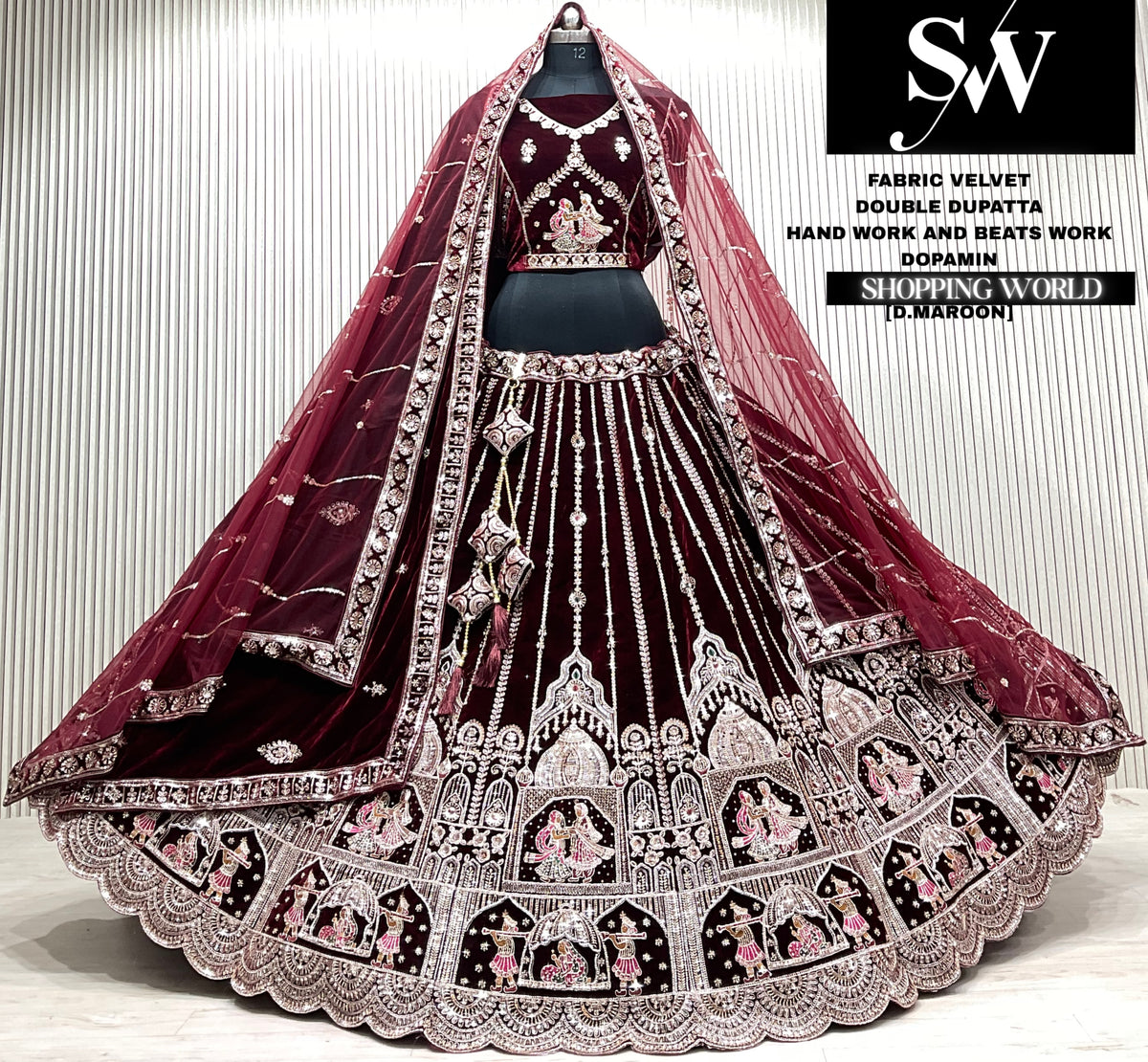 L.maroon bridal double dupatta Lehenga