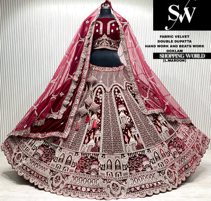 Rani pink velvet bridal double dupatta Lehenga