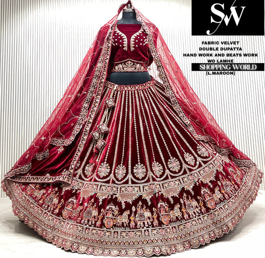 D.maroon velvet double dupatta Lehenga