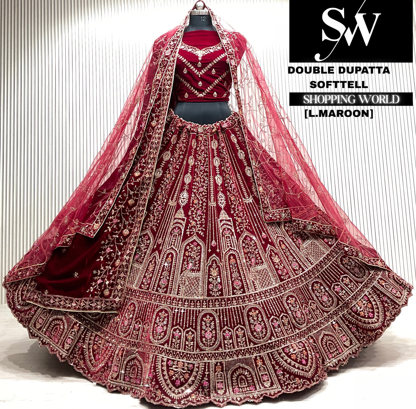 L.maroon bridal double dupatta Lehenga